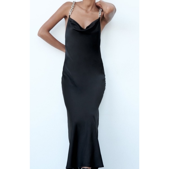 Zara * Chain Strap Satin Effect Slip Midi Dress Black - Picture 3 of 16